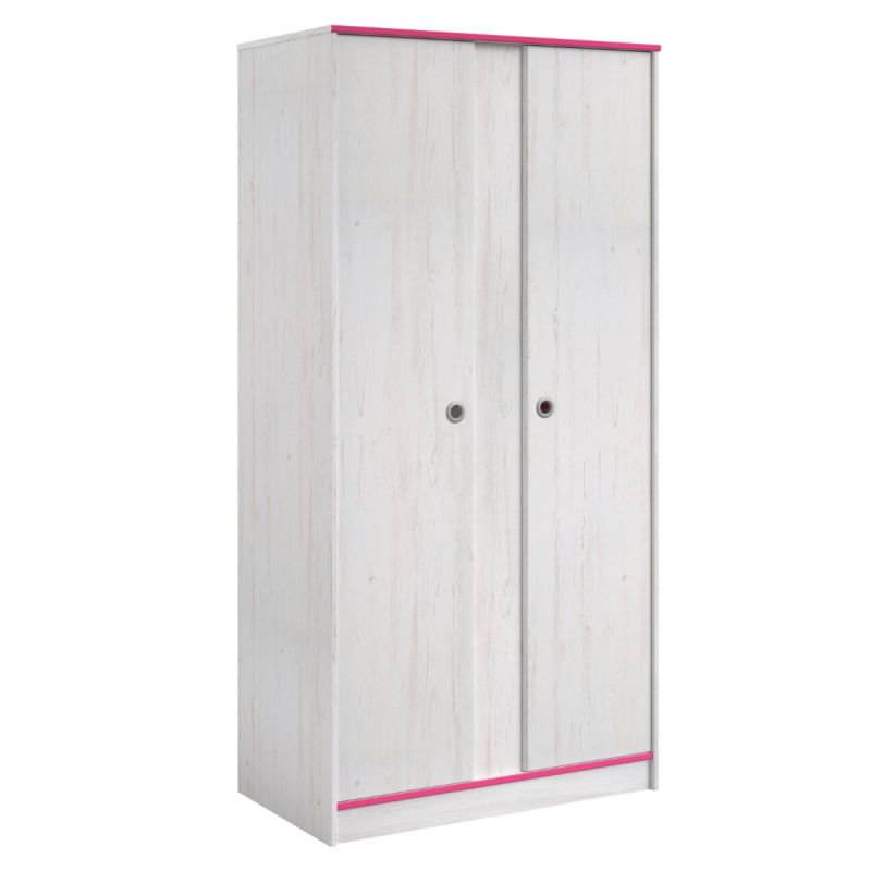 Armoire 2 portes aspect bois blanchi avec chants roses en façade - MISYLIA