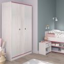 Armoire 2 portes aspect bois blanchi avec chants roses en façade - MISYLIA