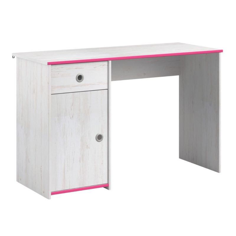 Bureau 1 porte 1 tiroir aspect bois blanchi avec chants roses en façade - MISYLIA