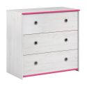 Commode 3 tiroirs aspect bois blanchi avec chants roses en façade - MISYLIA