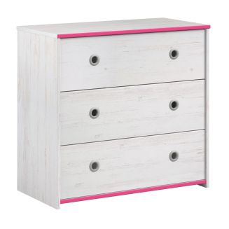 Commode 3 tiroirs aspect bois blanchi avec chants roses en façade - MISYLIA