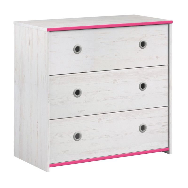 Commode 3 tiroirs aspect bois blanchi avec chants roses en façade - MISYLIA