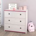 Commode 3 tiroirs aspect bois blanchi avec chants roses en façade - MISYLIA