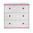 Commode 3 tiroirs aspect bois blanchi avec chants roses en façade - MISYLIA