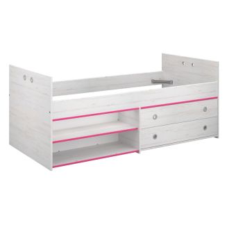 Lit 90x200 avec tiroirs et niches aspect bois blanchi chants roses en façade - MISYLIA