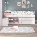 Lit 90x200 avec tiroirs et niches aspect bois blanchi chants roses en façade - MISYLIA