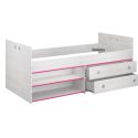 Lit 90x200 avec tiroirs et niches aspect bois blanchi chants roses en façade - MISYLIA