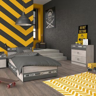 Chambre lit 90x200 avec tiroirs + 1 chevet + 1 commode aspect bois grisé - ZIGGY