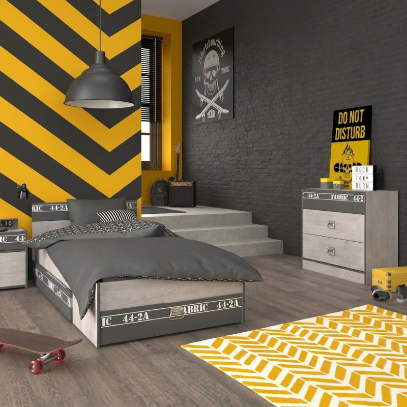 Chambre lit 90x200 avec tiroirs + 1 chevet + 1 commode aspect bois grisé - ZIGGY