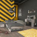 Chambre lit 90x200 avec tiroirs + 1 chevet + 1 bureau aspect bois grisé - ZIGGY