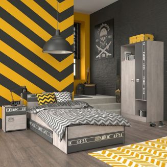Chambre lit 90x200 avec tiroirs + 1 chevet + 1 armoire aspect bois grisé - ZIGGY