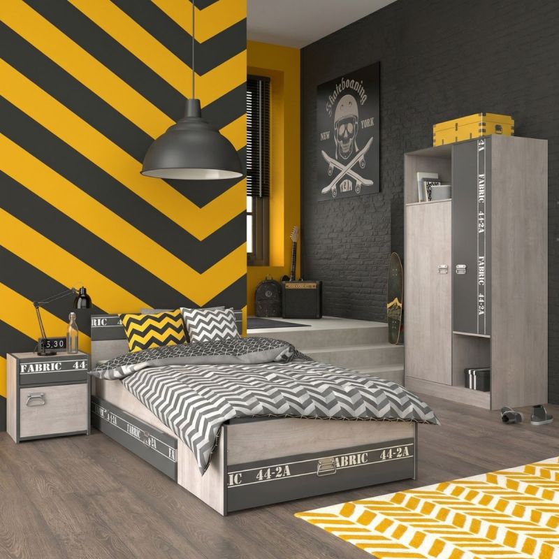 Chambre lit 90x200 avec tiroirs + 1 chevet + 1 armoire aspect bois grisé - ZIGGY