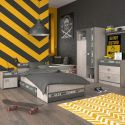 Chambre lit 90x200 avec tiroirs + 1 chevet + 1 armoire + 1 commode aspect bois grisé - ZIGGY