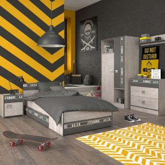 Chambre lit 90x200 avec tiroirs + 1 chevet + 1 armoire + 1 commode aspect bois grisé - ZIGGY