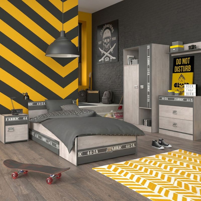 Chambre lit 90x200 avec tiroirs + 1 chevet + 1 armoire + 1 commode aspect bois grisé - ZIGGY