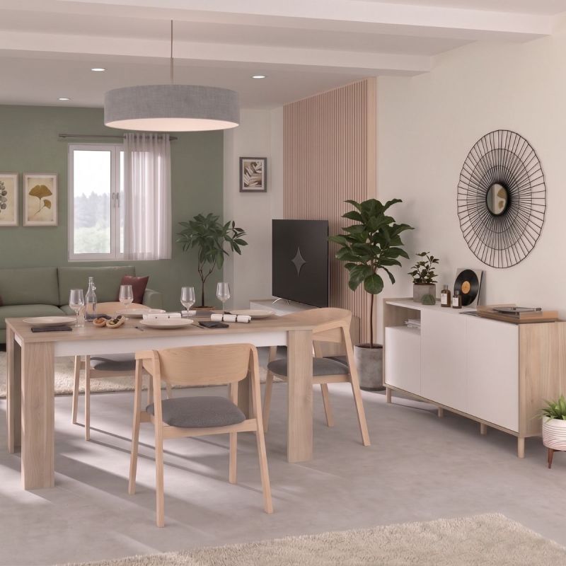 Ensemble séjour table repas 160cm + buffet 3 portes blanc et aspect bois clair - ORPHÉE
