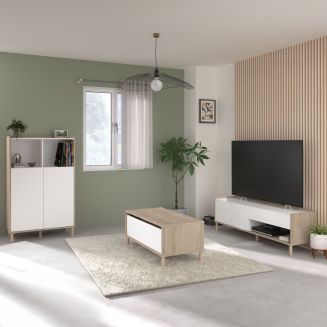 Ensemble salon table basse + meuble Tv + rangement 2 portes blanc et aspect bois clair - ORPHÉE