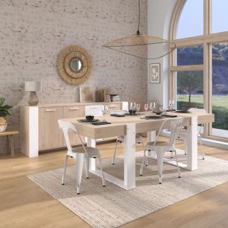 Ensemble séjour table repas 220cm + buffet 3 portes aspect bois et blanc - YOUENN
