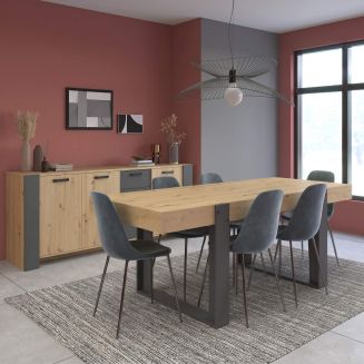 Ensemble séjour table repas 220cm + buffet 3 portes aspect bois et anthracite - YOUENN