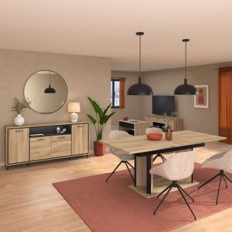 Ensemble séjour table repas allongeable + buffet 4 portes aspect bois et noir - OSTAREL
