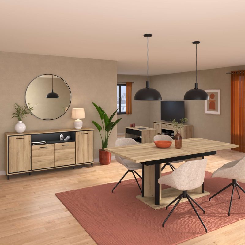 Ensemble séjour table repas allongeable + buffet 4 portes aspect bois et noir - OSTAREL