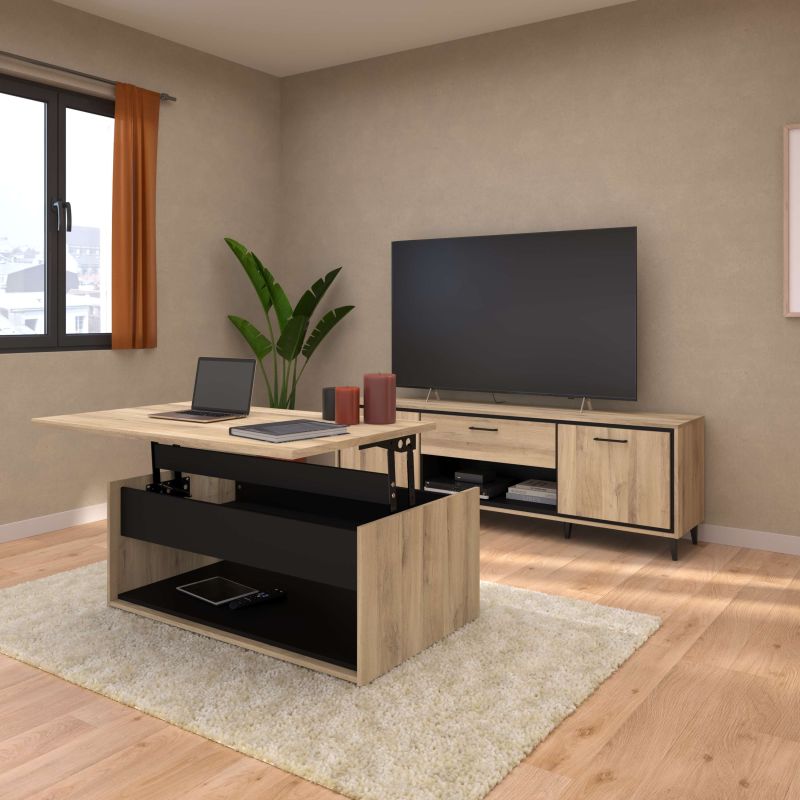 Ensemble salon table basse relevable + meuble TV aspect bois et noir - OSTAREL