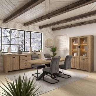Séjour complet table Castella + buffet et vitrine aspect bois finition Castel Oak - ANATOLE