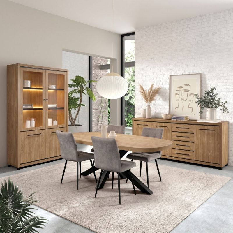 Séjour complet table + buffet + vitrine aspect bois finition Houston Oak - VASALY