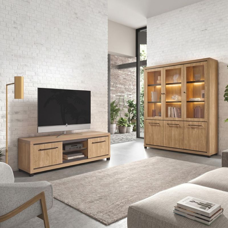 Ensemble salon meuble TV + bibliothèque aspect bois finition Houston Oak - VASALY