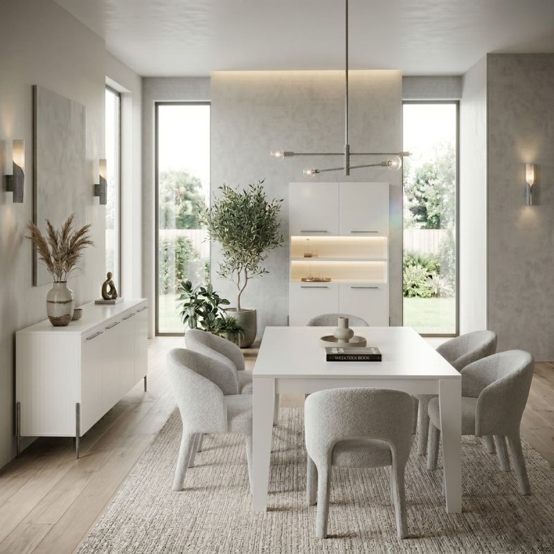 Ensemble séjour table 190cm laqué blanc pieds et poignées métal anthracite - CARAT
