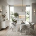 Ensemble séjour table 190cm laqué blanc pieds et poignées métal doré - CARAT