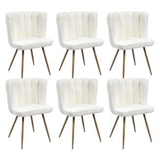 FJARD - Lot de 6 Fauteuils Blanc Tissu Bouclettes