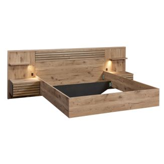 Lit 160x200cm avec tête de lit chevets suspendus et éclairage intégré aspect bois et noir - NIKITA