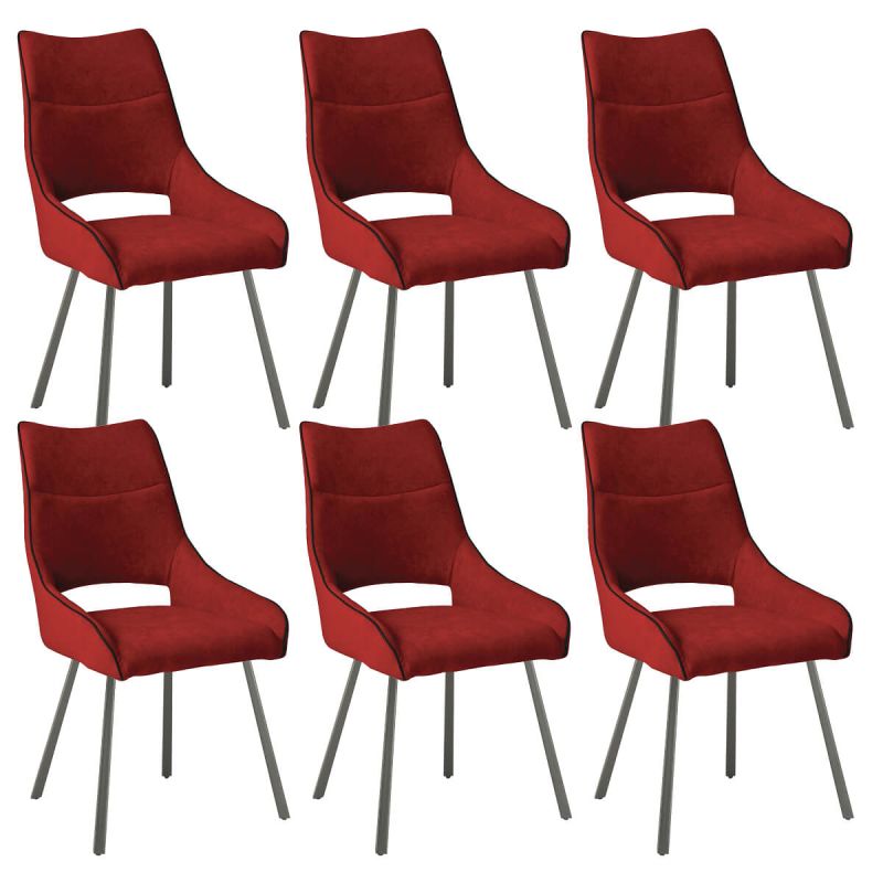 Lot de 6 chaises tissu coloris rouge pieds métal laqué gris - SILOUAN