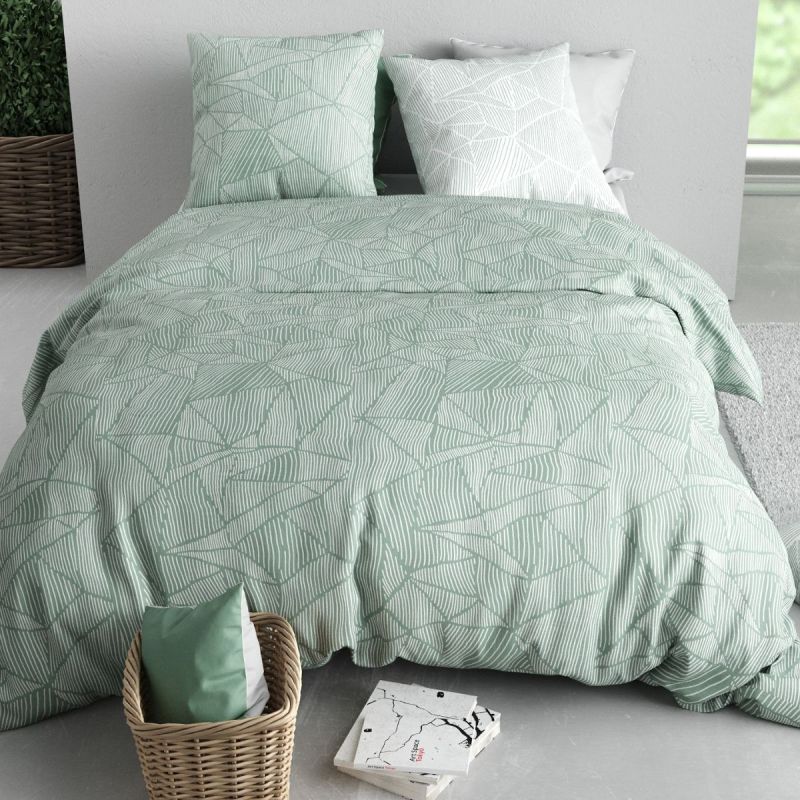 Parure housse de couette 240x220cm + 2 taies motif floral vert et blanc 100% coton - DALEY
