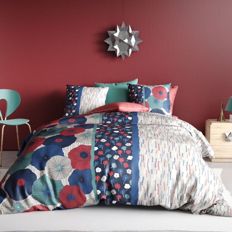 Parure housse de couette 240x220cm + 2 taies motif floral et graphique 100% coton - GEDALI