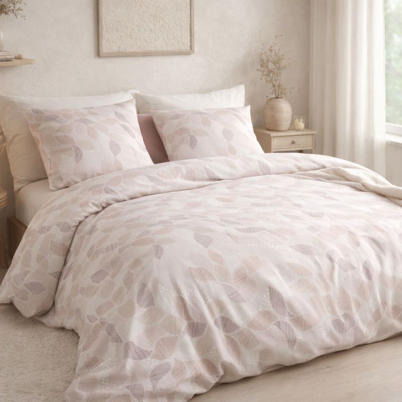Parure housse de couette 240x220cm + 2 taies motif feuilles rose poudré 100% coton - LIXIA