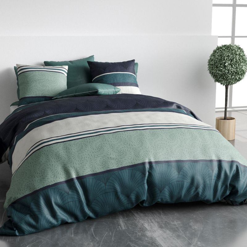 Parure housse de couette 260x240cm + 2 taies motif graphique vert et bleu 100% coton - TIKIAN