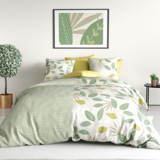 Parure housse de couette 240x220cm + 2 taies motif feuilles vert et jaune 100% coton - EUREKA