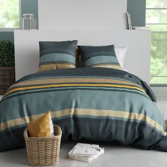 Parure housse de couette 260x240cm + 2 taies motif graphique bleu et jaune 100% coton - STRALA
