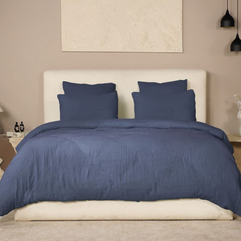 Parure housse de couette 260x240cm + 2 taies 100% gaze de coton lavée bleu pétrole - VALMA