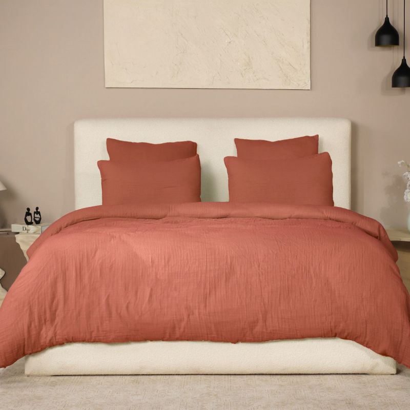 Parure housse de couette 240x220cm + 2 taies 100% gaze de coton lavée safran - VALMA