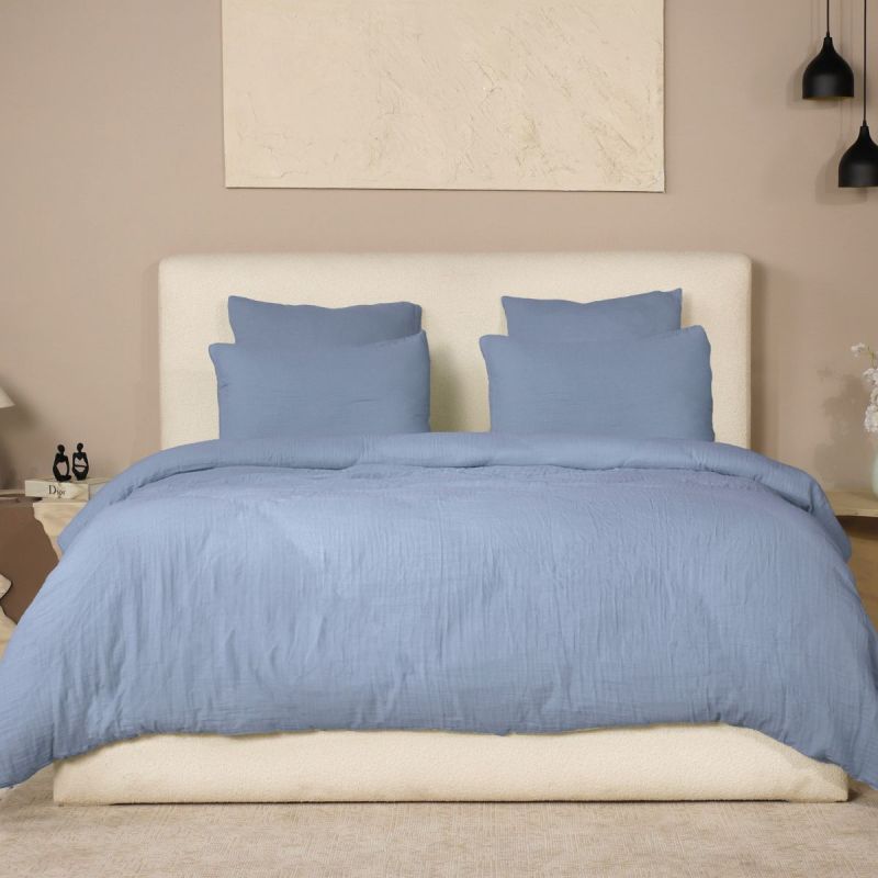 Parure housse de couette 240x220cm + 2 taies 100% gaze de coton lavée bleu givré - VALMA