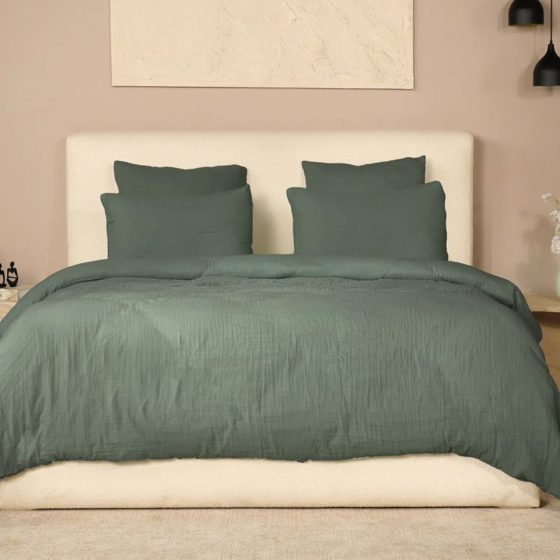 Parure housse de couette 260x240cm + 2 taies 100% gaze de coton lavée vert cèdre - VALMA