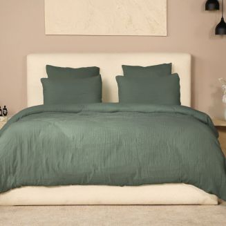 Parure housse de couette 240x220cm + 2 taies 100% gaze de coton lavée vert cèdre - VALMA