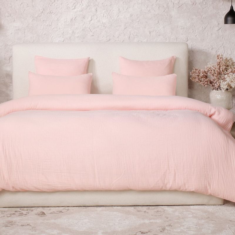 Parure housse de couette 240x220cm + 2 taies 100% gaze de coton lavée rose lotus - VALMA