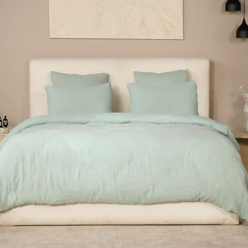 Parure housse de couette 260x240cm + 2 taies 100% gaze de coton lavée vert givré - VALMA