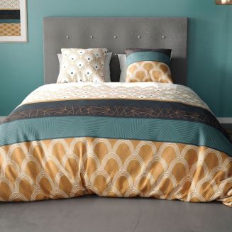 Parure housse de couette 260x240cm + 2 taies motif graphique jaune moutarde 100% coton - GALIANA