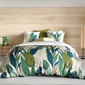 Parure housse de couette 240x220cm + 2 taies motif feuilles palmiers 100% coton - MELCHIOR