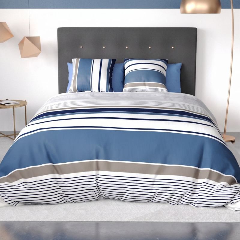 Parure housse de couette 260x240cm + 2 taies motif rayé bleu et blanc 100% coton - BELIAZY